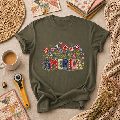 America Patriotic Floral T-Shirt - Military Green
