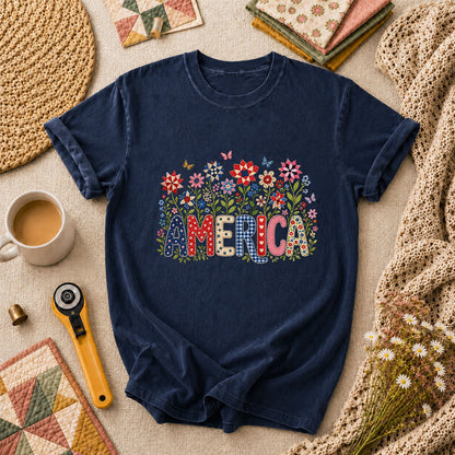 America Patriotic Floral T-Shirt - Navy