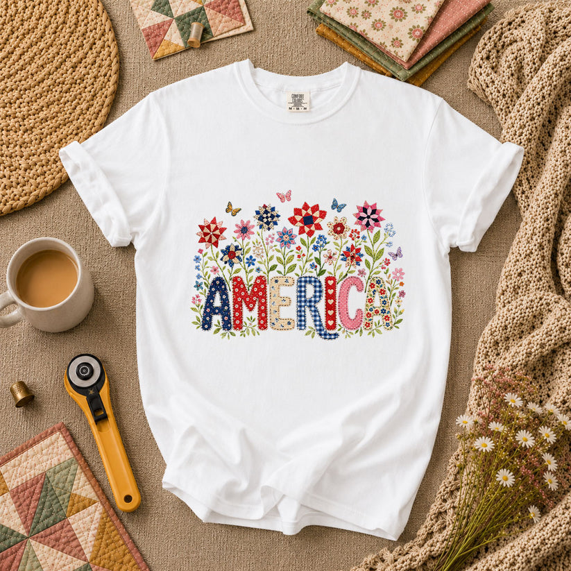 America Patriotic Floral T-Shirt - White