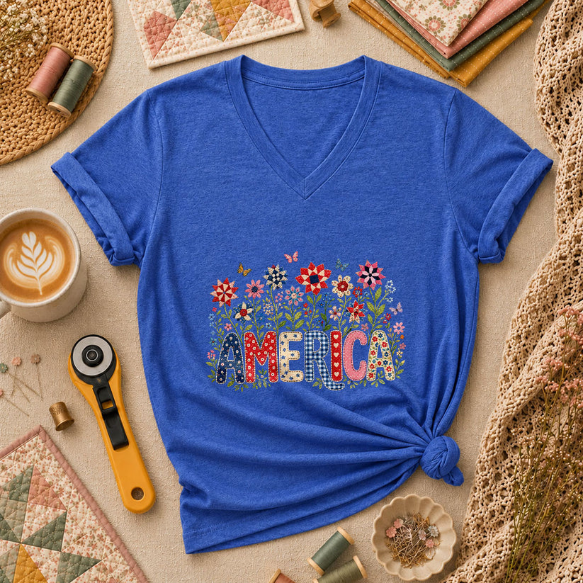 America Patriotic Floral Women's V-Neck - Heather True Royal