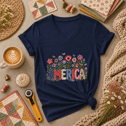 America Patriotic Floral Women's V-Neck - Navy