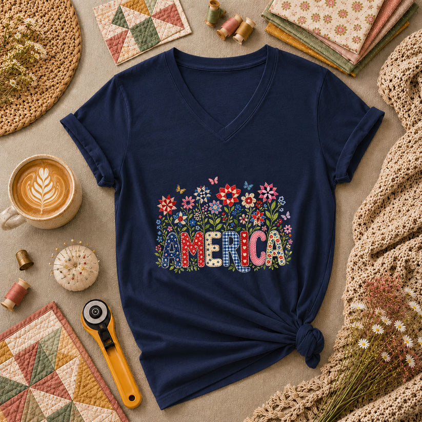 America Patriotic Floral Women's V-Neck - Navy