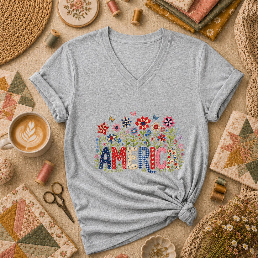 America Patriotic Floral Women's V-Neck - Sport Grey