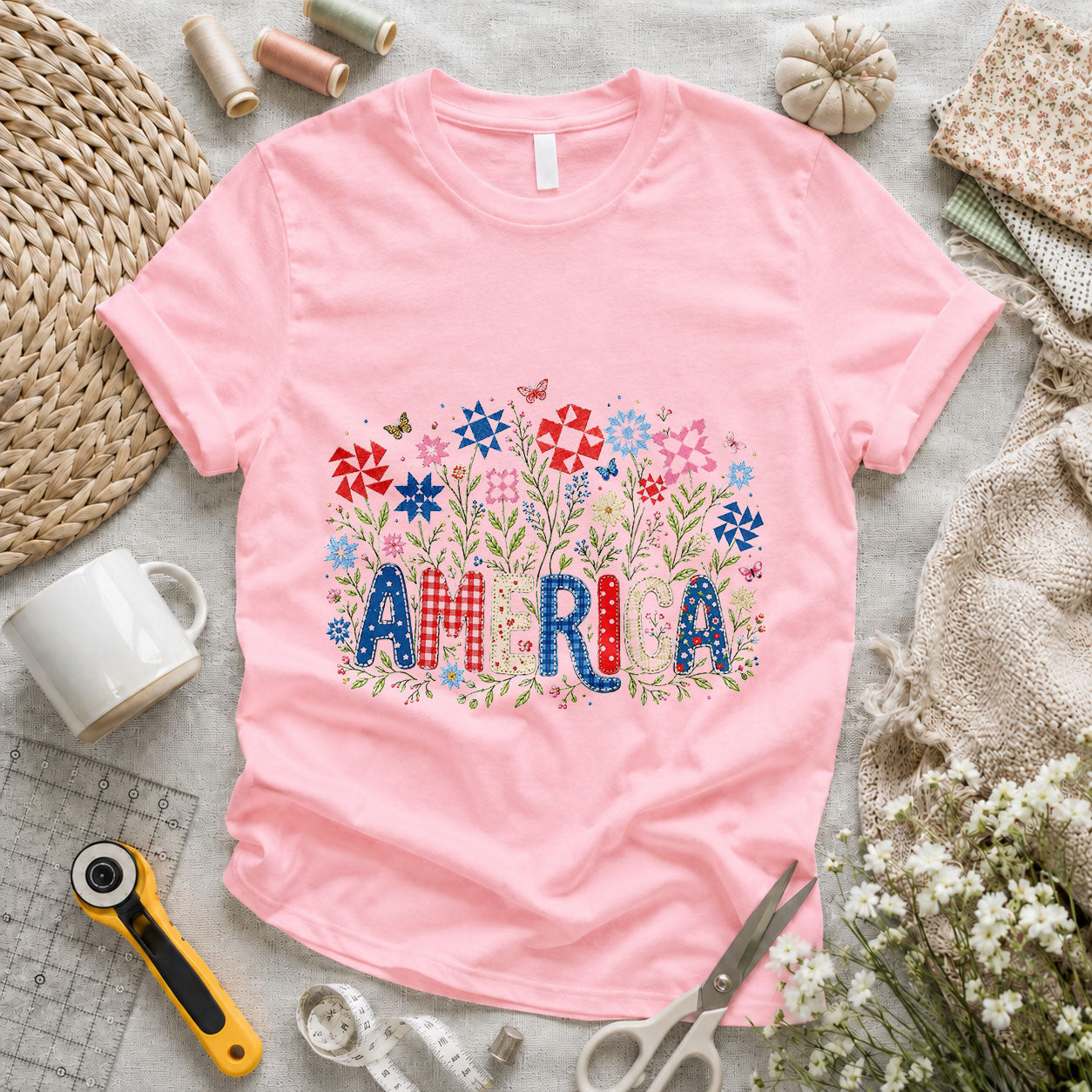 America Wildflower Bouquet Patriotic Quilted - Pink flatlay