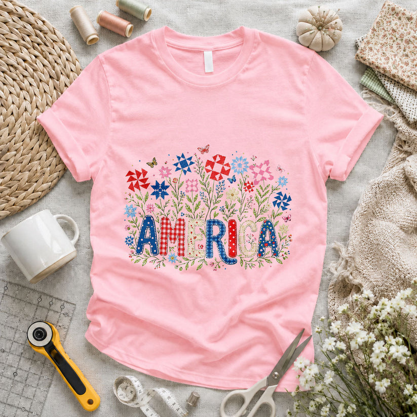 America Wildflower Bouquet Patriotic Quilted - Pink flatlay