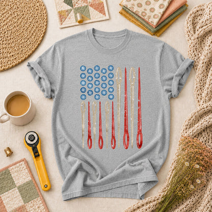 American Flag Sewing Needles Patriotic T-Shirt - Athletic Heather