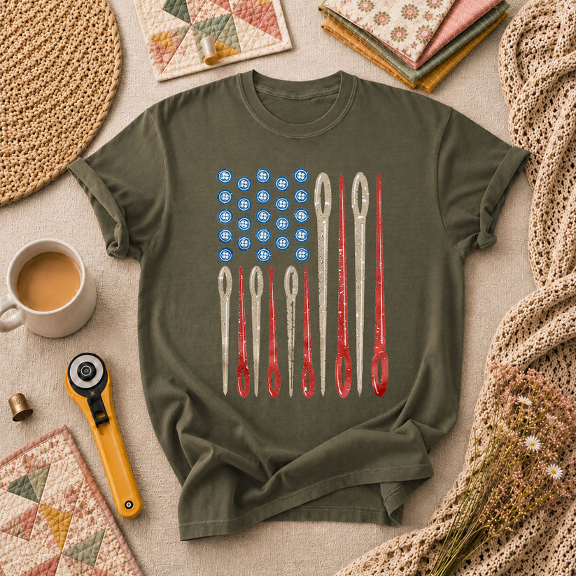American Flag Sewing Needles Patriotic T-Shirt - Military Green