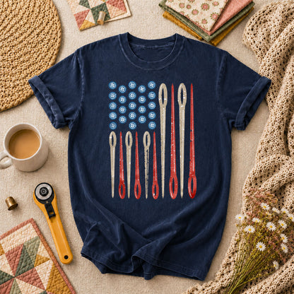 American Flag Sewing Needles Patriotic T-Shirt - Navy