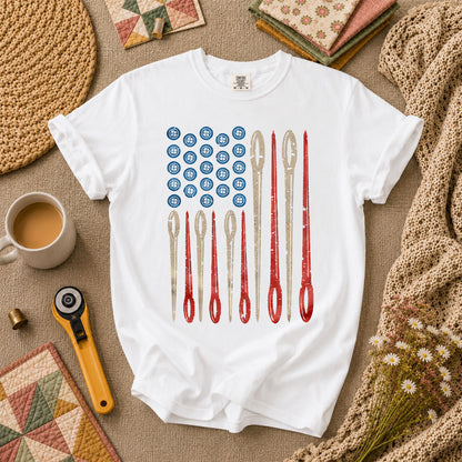 American Flag Sewing Needles Patriotic T-Shirt - White