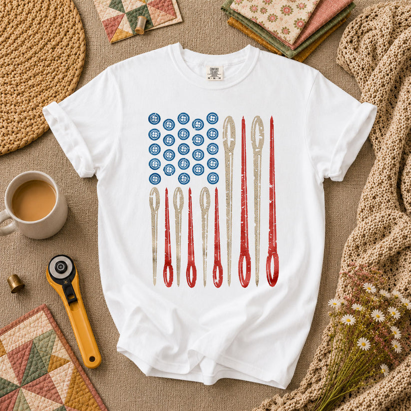 American Flag Sewing Needles Patriotic T-Shirt - White