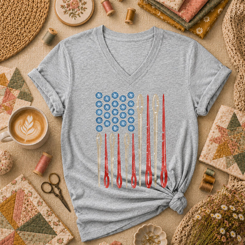 American Flag Sewing Needles Patriotic Women's V-Neck - Athletic Heather
