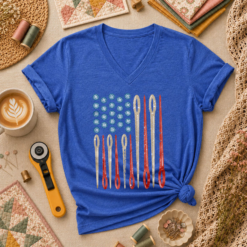 American Flag Sewing Needles Patriotic Women's V-Neck - Heather True Royal
