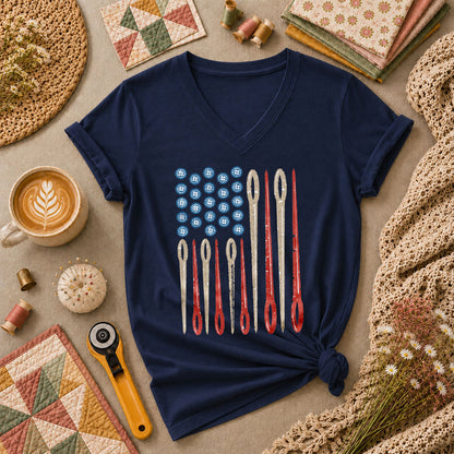 American Flag Sewing Needles Patriotic Women's V-Neck - Navy