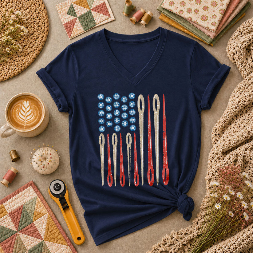 American Flag Sewing Needles Patriotic Women's V-Neck - Navy