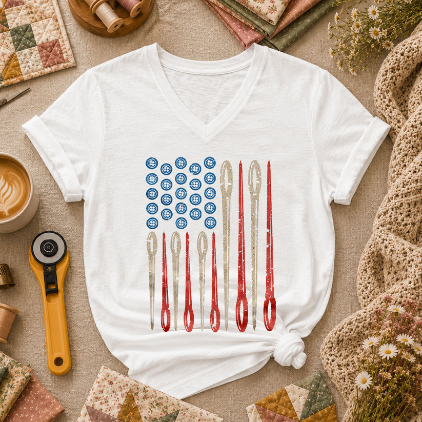 American Flag Sewing Needles Patriotic Women's V-Neck - White