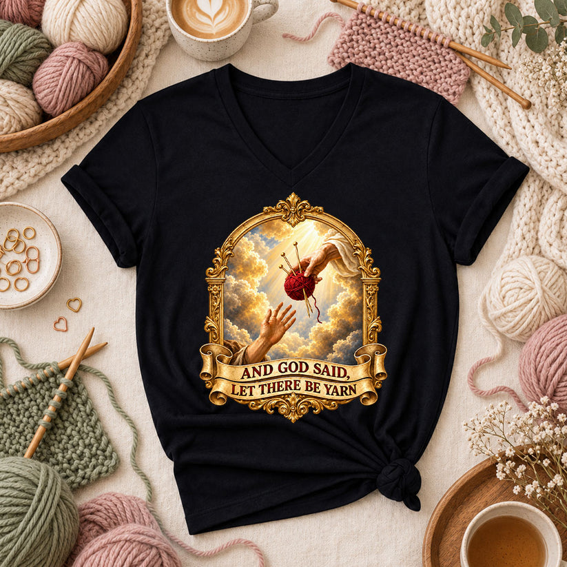 And God Said Let There Be Yarn Women's V-Neck - Black