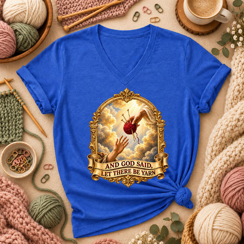 And God Said Let There Be Yarn Women's V-Neck - Heather True Royal