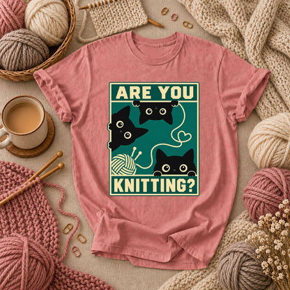 Are You Knitting Black Cats T-Shirt - Heather Mauve