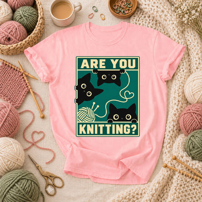 Are You Knitting Black Cats T-Shirt - Pink