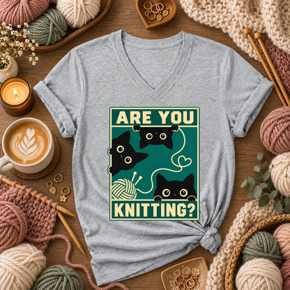 Are You Knitting Black Cats Women's V-Neck - Athletic Heather