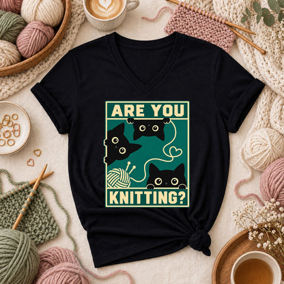 Are You Knitting Black Cats Women's V-Neck - Black