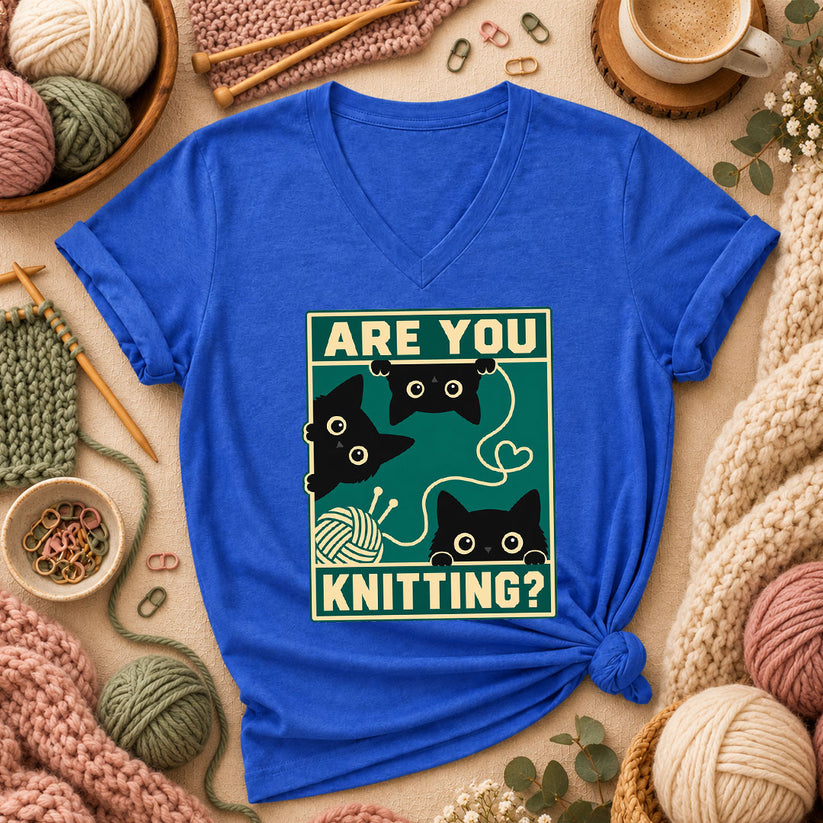 Are You Knitting Black Cats Women's V-Neck - Heather True Royal
