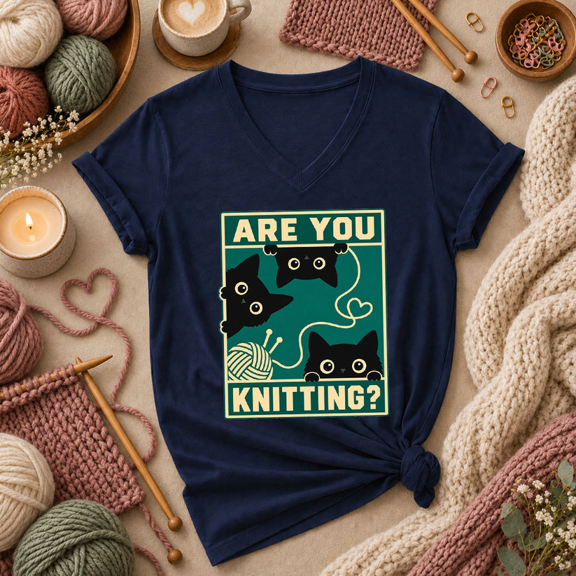 Are You Knitting Black Cats Women's V-Neck - Navy