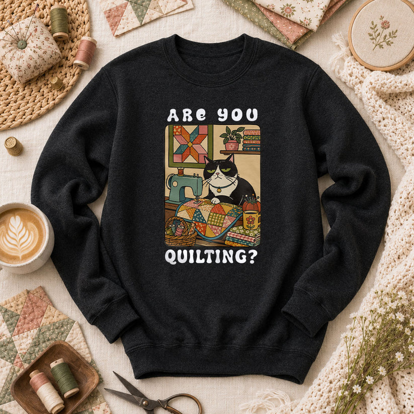 Are You Quilting Cat Long Sleeve - Black