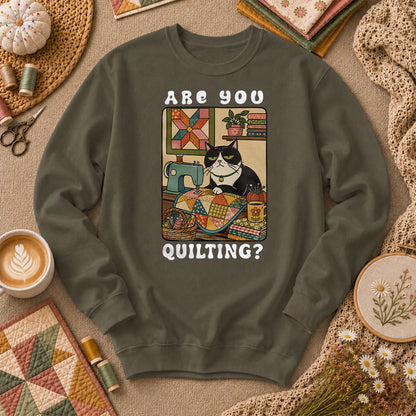 Are You Quilting Cat Long Sleeve - Military Green