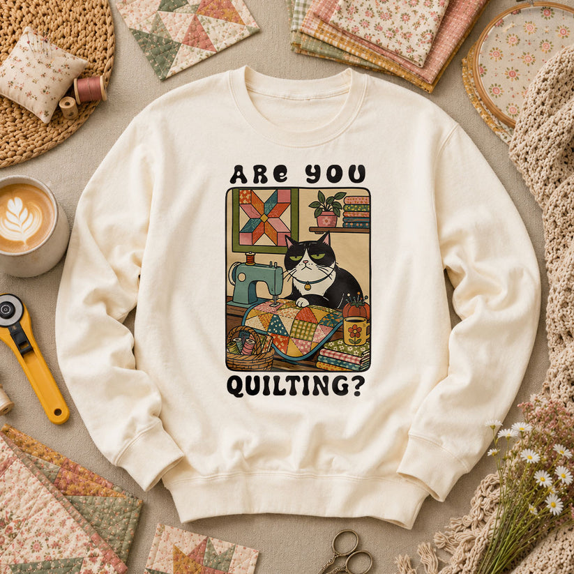 Are You Quilting Cat Long Sleeve - Natural