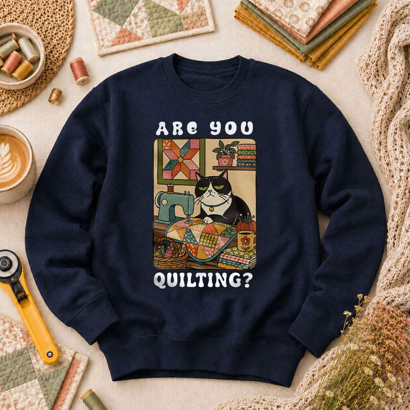 Are You Quilting Cat Long Sleeve - Navy