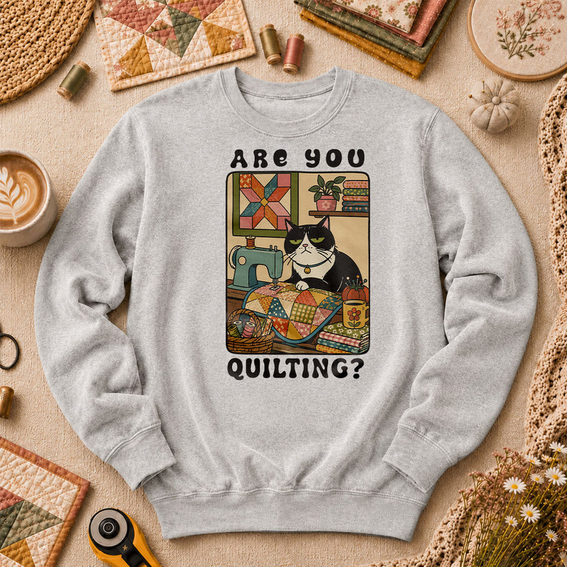 Are You Quilting Cat Long Sleeve - Sport Grey