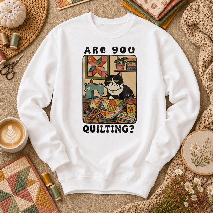Are You Quilting Cat Long Sleeve - White