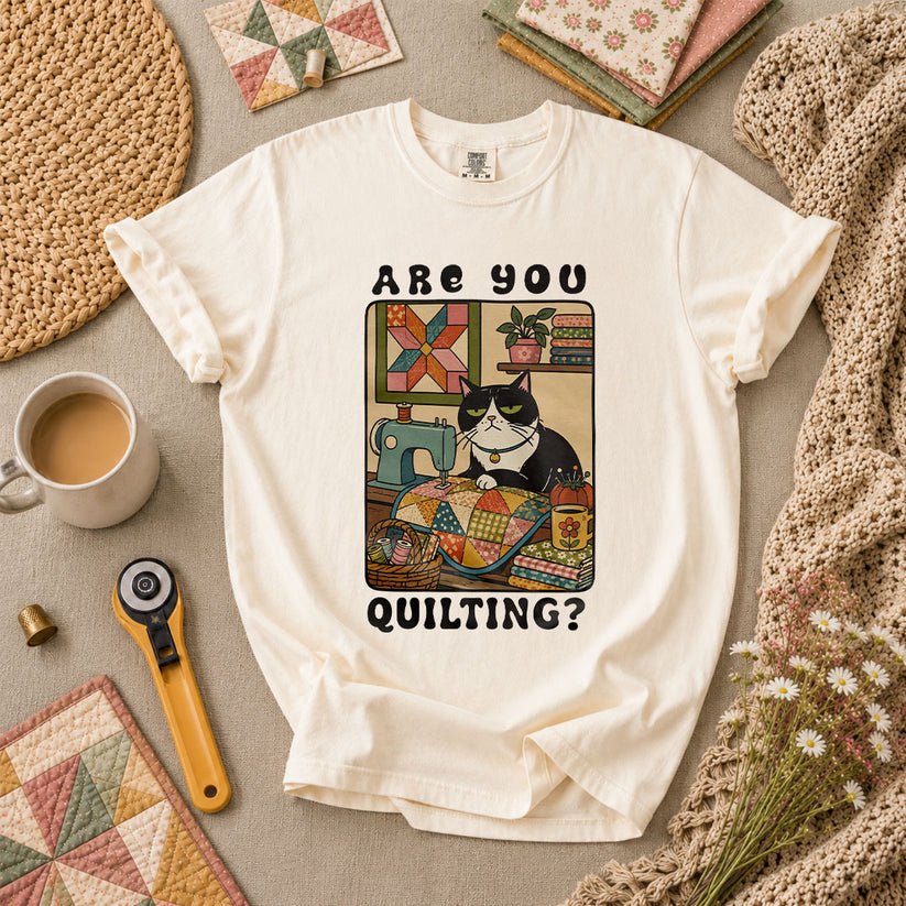 Are You Quilting Cat T-Shirt - Ivory