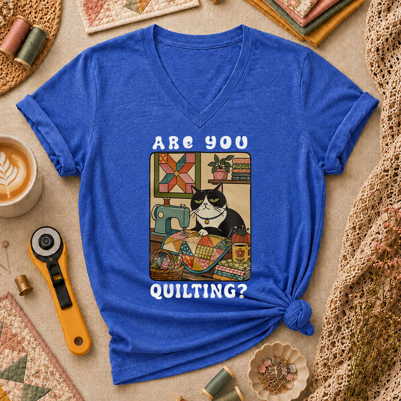 Are You Quilting Cat Women's V-Neck - Heather True Royal