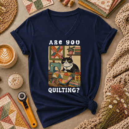 Are You Quilting Cat Women's V-Neck - Navy