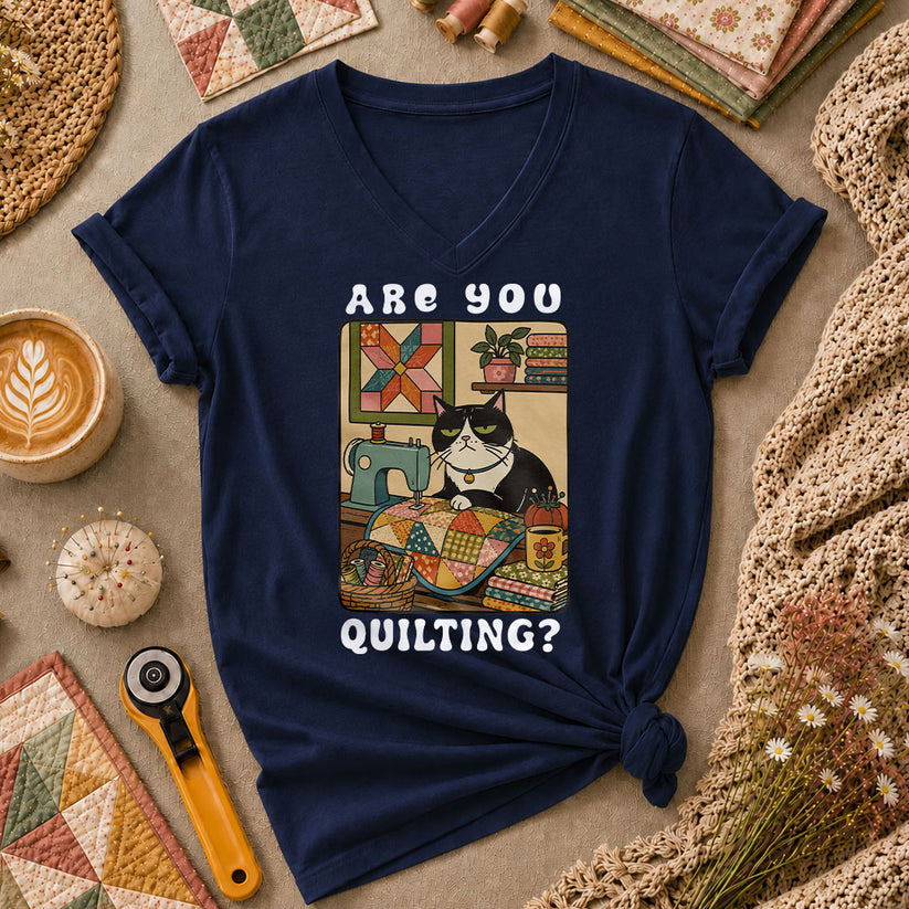 Are You Quilting Cat Women's V-Neck - Navy
