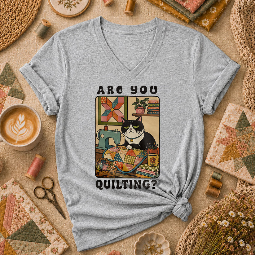 Are You Quilting Cat Women's V-Neck - Sport Grey