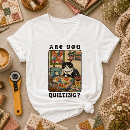 Are You Quilting Cat Women's V-Neck - White