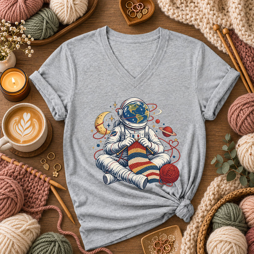 Astronaut Earth Knitter Women's V-Neck - Athletic Heather