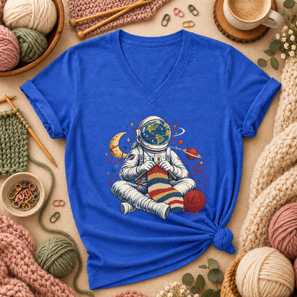 Astronaut Earth Knitter Women's V-Neck - Heather True Royal