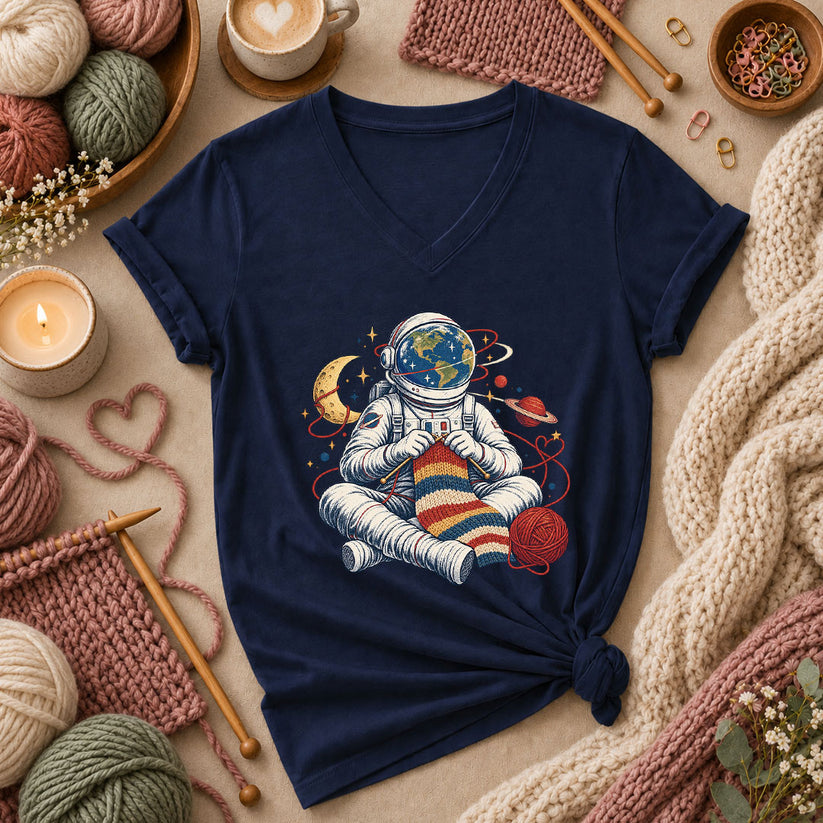 Astronaut Earth Knitter Women's V-Neck - Navy