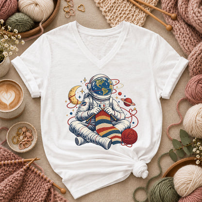 Astronaut Earth Knitter Women's V-Neck - White