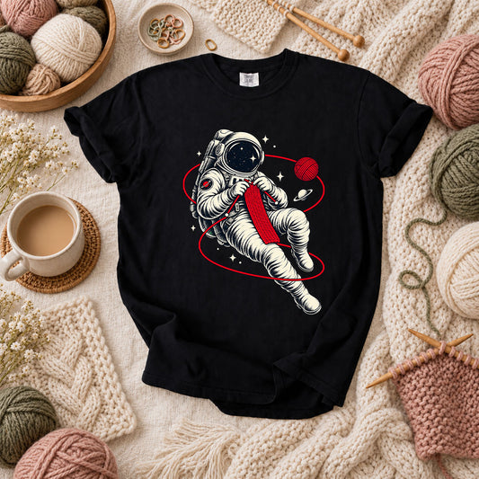 Astronaut Knitting In Space T-Shirt - Black