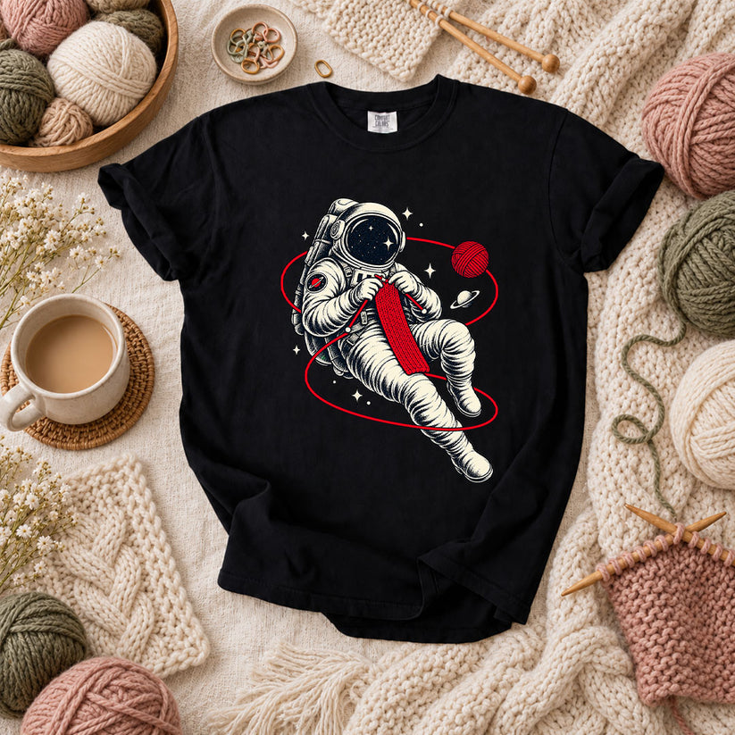 Astronaut Knitting In Space T-Shirt - Black