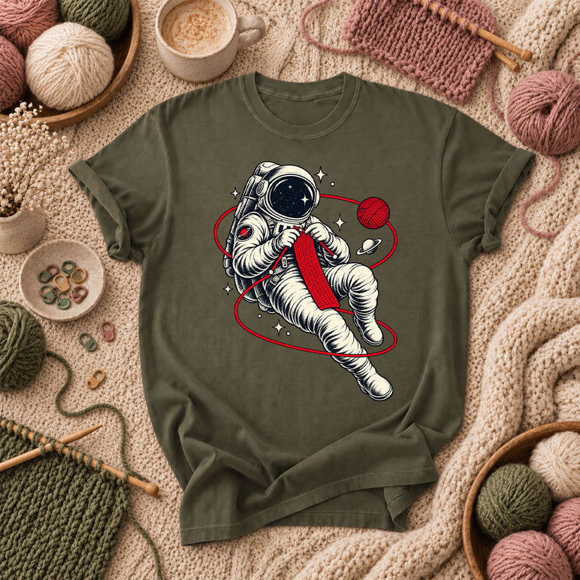 Astronaut Knitting In Space T-Shirt - Military Green