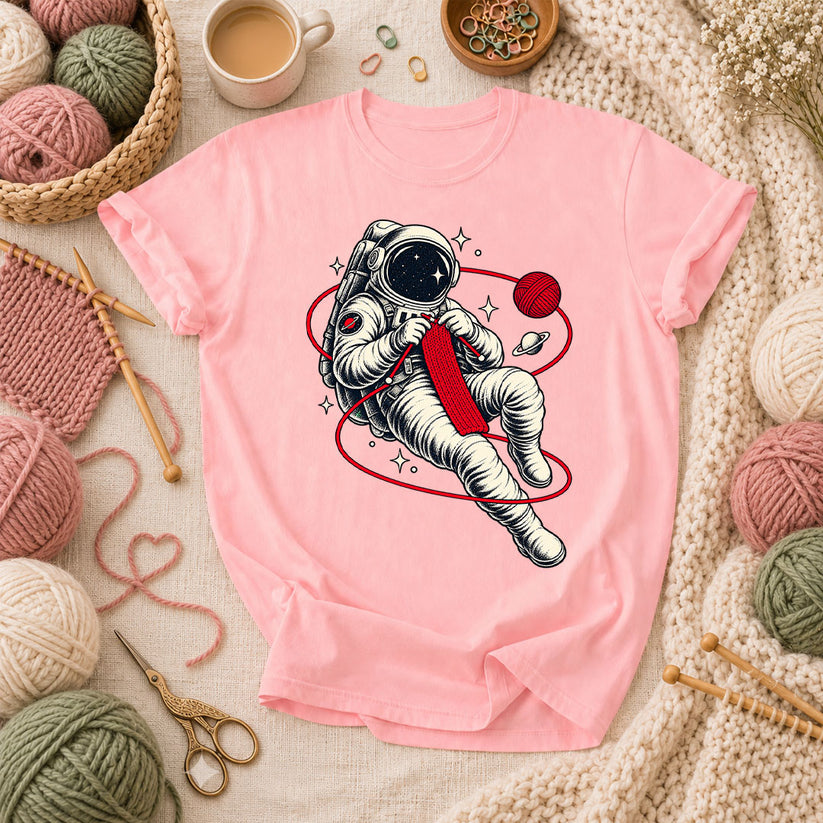 Astronaut Knitting In Space T-Shirt - Pink