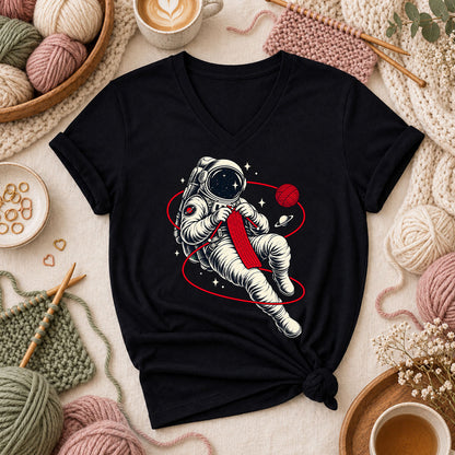 Astronaut Knitting In Space Women's V-Neck - Black