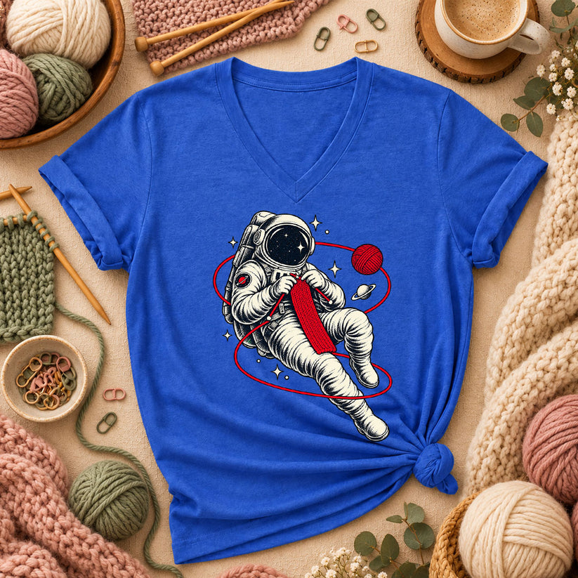 Astronaut Knitting In Space Women's V-Neck - Heather True Royal