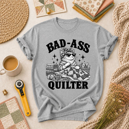 Bad-Ass Quilter Cat Bandana T-Shirt - Athletic Heather